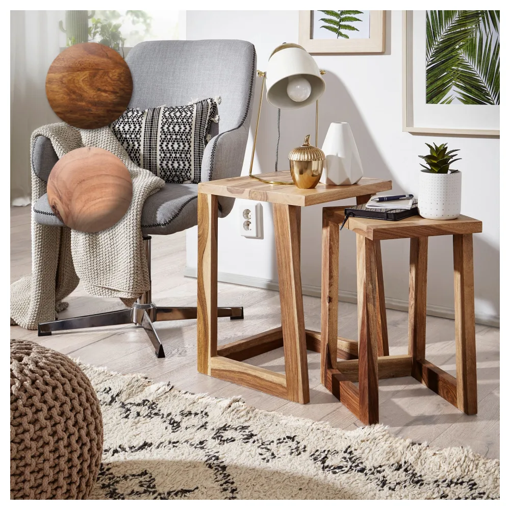FineBuy 2er Set Beistelltisch Massivholz Design Wohnzimmer-Tisch eckig Nachttisch Satztisch Landhaus-Stil Naturprodukt