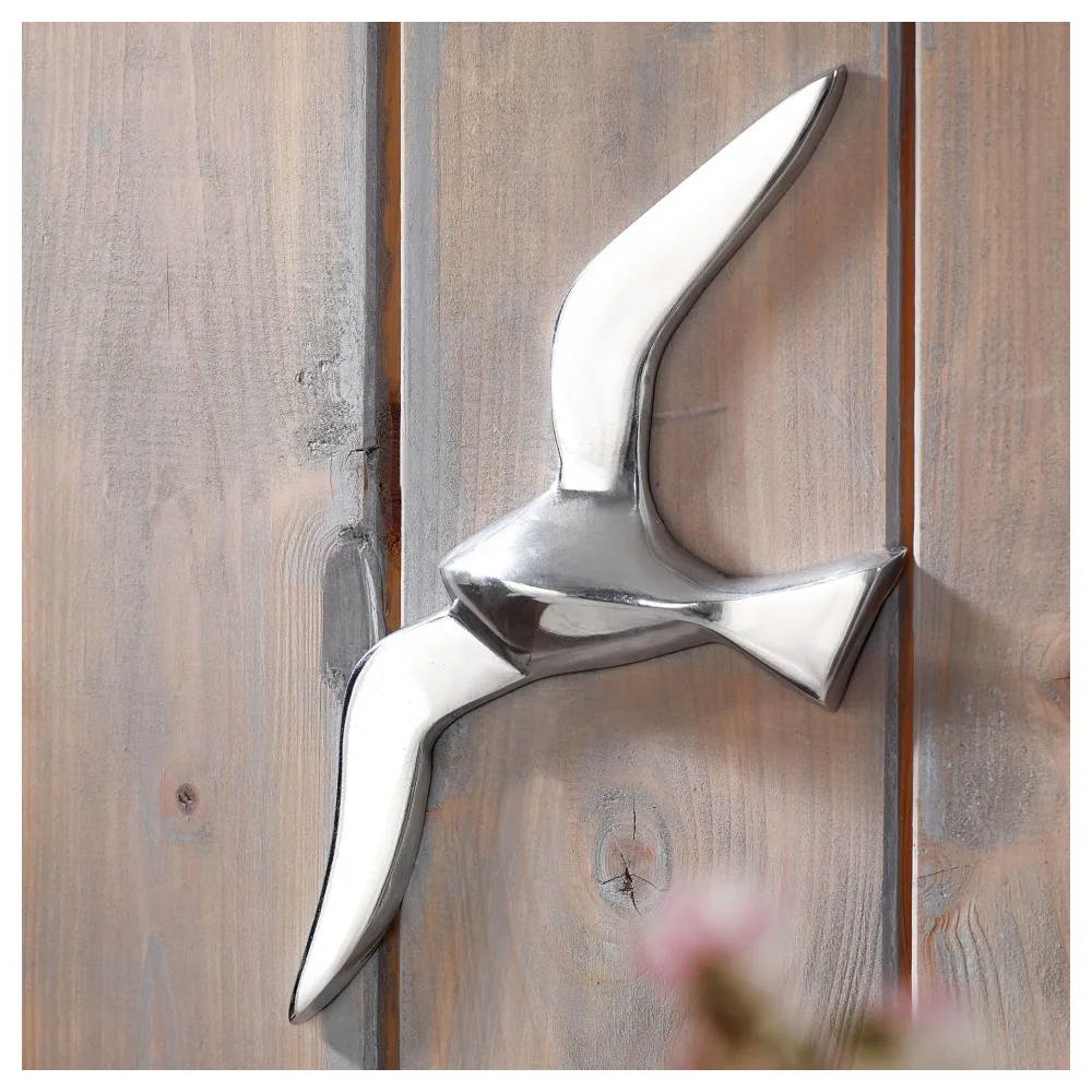 FineBuy Wanddekoration Möwe Aluminium poliert Dekofigur Silber Statue Skulptur groß Alu einzeln modern Maritim Nordsee