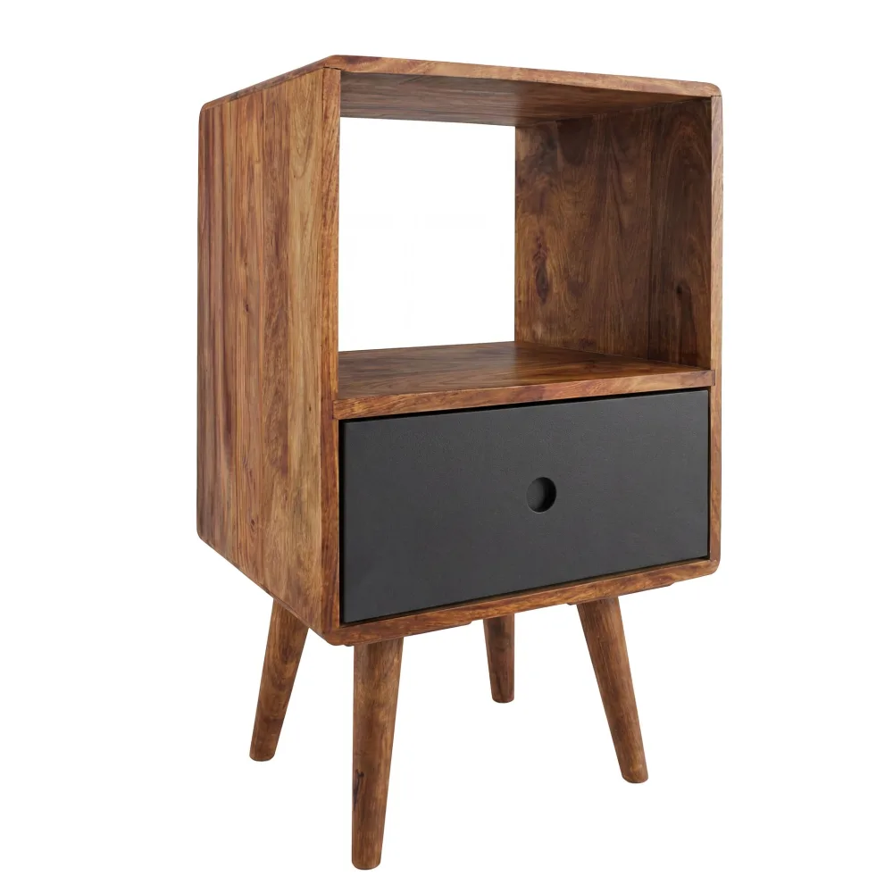 FineBuy Retro Nachtkonsole REPA Sheesham Holz Nachttisch mit Schublade 40 x 35 x 70 cm, Design Nachtkästchen Massiv für Boxspring, Großes Nachtschränkchen dunkelbraun Nako