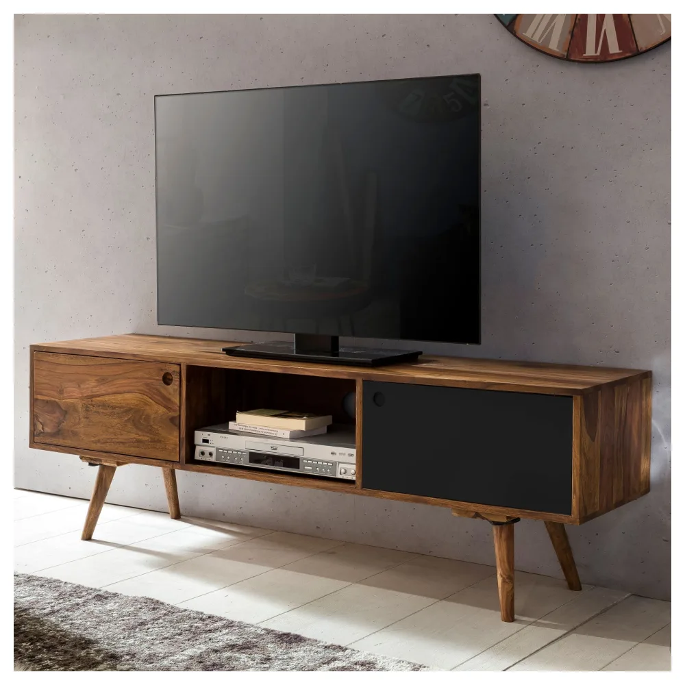 FineBuy TV Lowboard REPA 140 cm Massiv-Holz Sheesham Landhaus 2 Türen & Fach, HiFi Regal 4 Füße, Fernseher Kommode Vintage