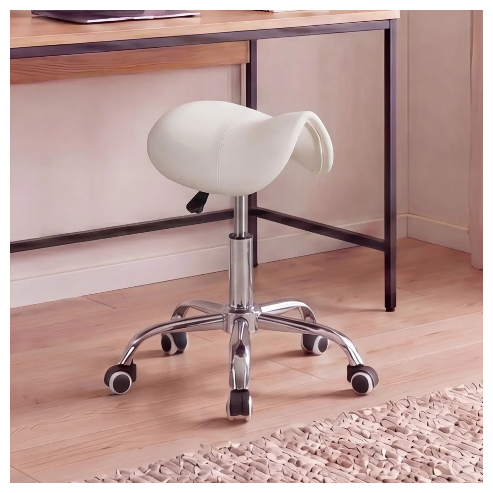 FineBuy MENTON - Sattel-Hocker, Arbeitshocker mit Kunstleder-Bezug, Sitzhocker ist höhenverstellbar, Design Drehhocker mit Rollen, Kosmetikhocker & Praxishocker mit Sattelsitz, Friseurhocker
