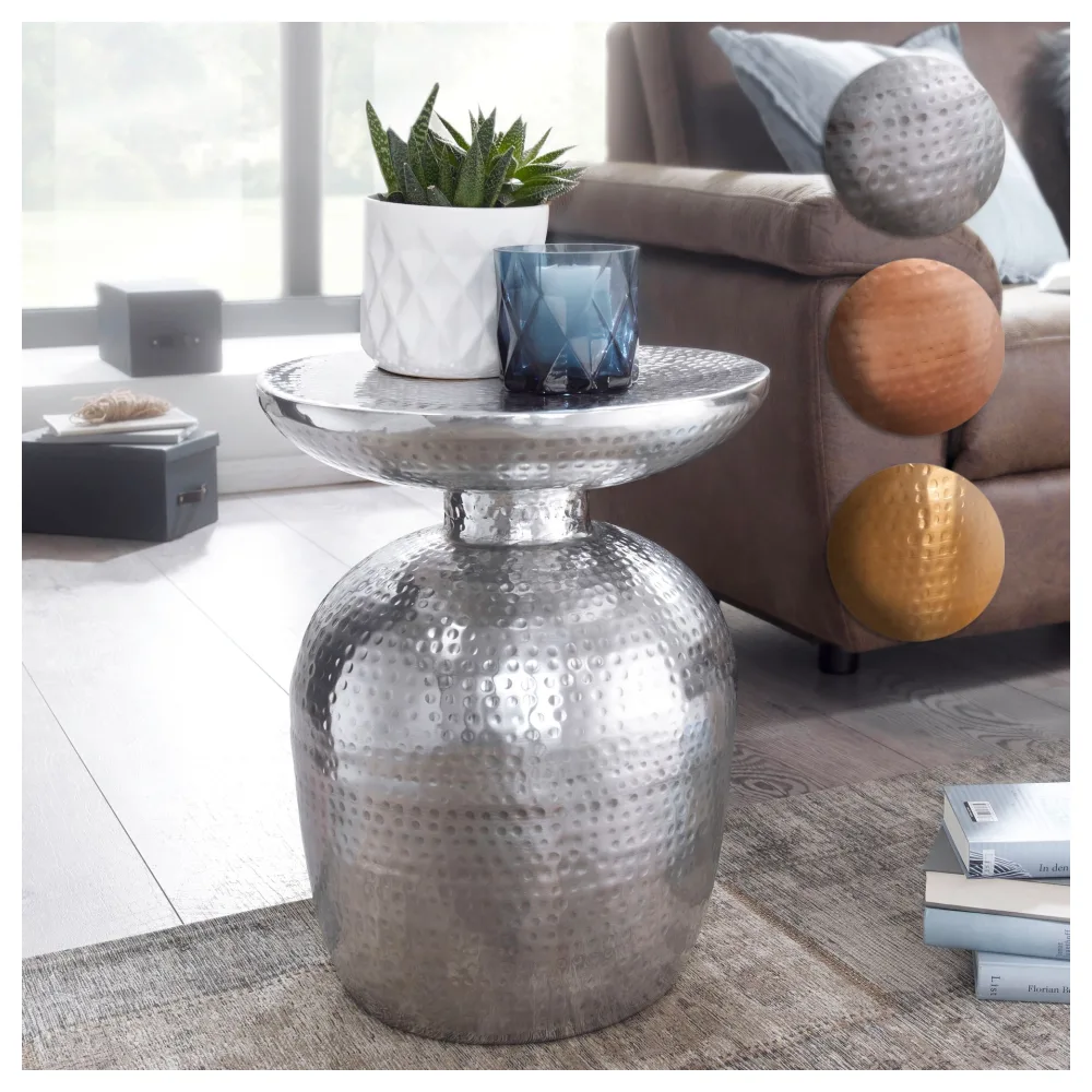 FineBuy Beistelltisch rund 37 cm Metall - Orientalischer Design Wohnzimmertisch Aluminium - Hammerschlag Alu kleiner Couchtisch - Dekotisch