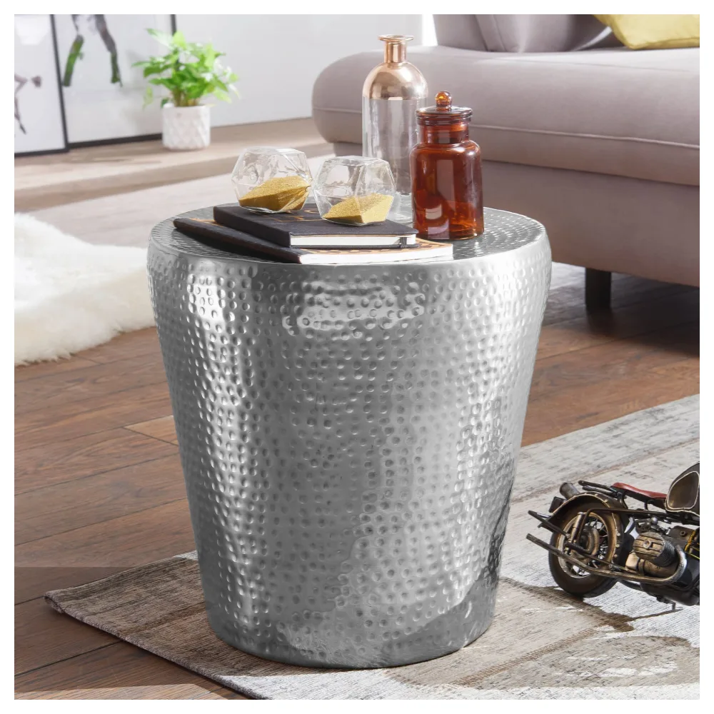 FineBuy Beistelltisch rund 41 cm Metall - Orientalischer Design Wohnzimmertisch Aluminium - Hammerschlag Alu kleiner Couchtisch - Dekotisch