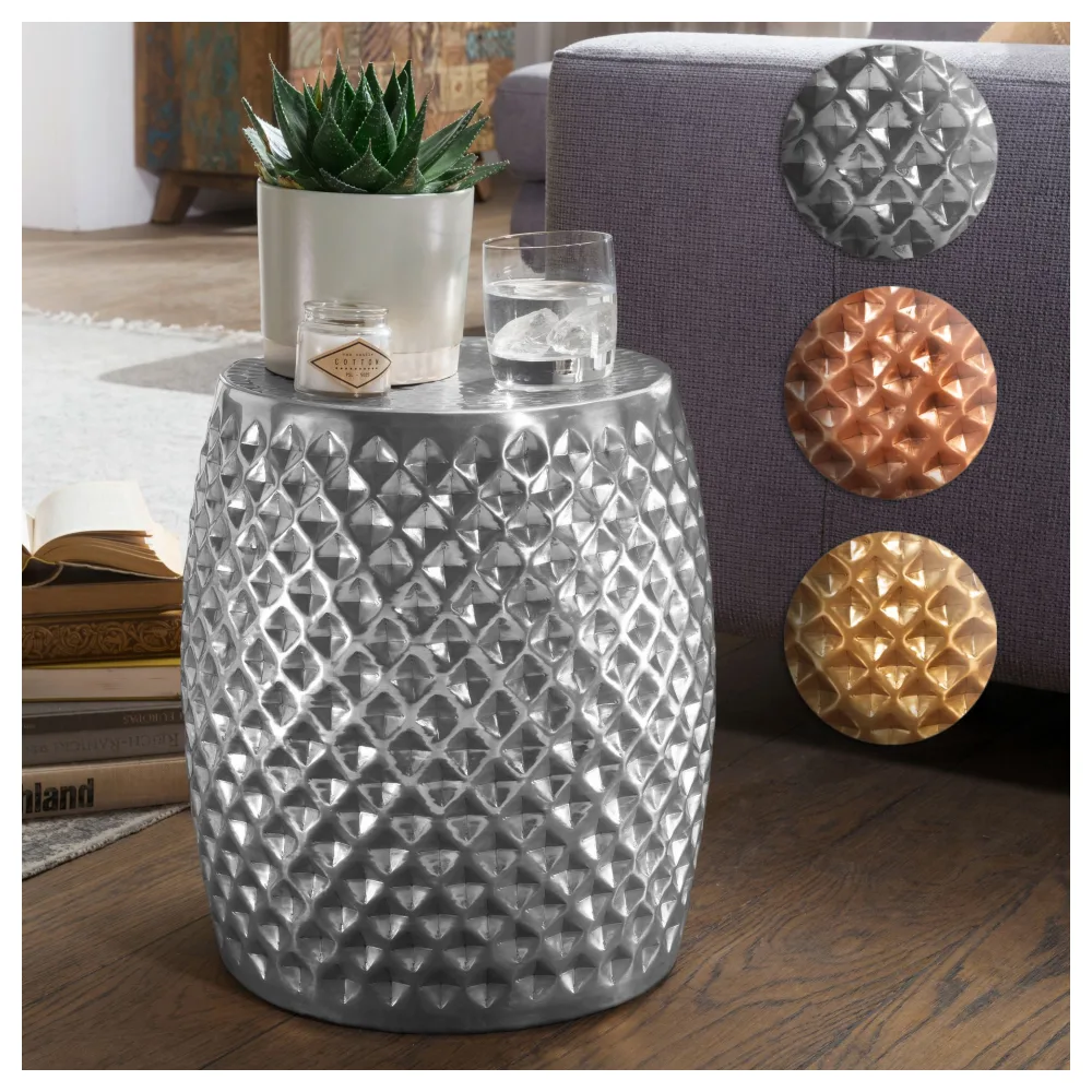 FineBuy Design Beistelltisch rund 32 cm Metall - Orientalischer Wohnzimmertisch Hammerschlag Aluminium - Kleiner Couchtisch - Moderner Dekotisch Alu
