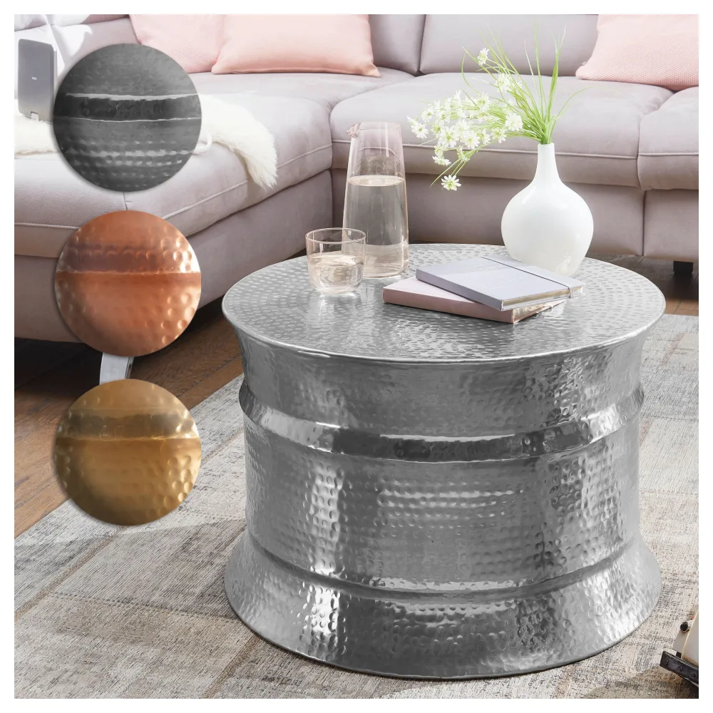 FineBuy Design Couchtisch rund 60 cm aus Metall - Handgefertigter Aluminium Wohnzimmertisch mit Hammerschlag - Orientalischer runder Alu Sofatisch