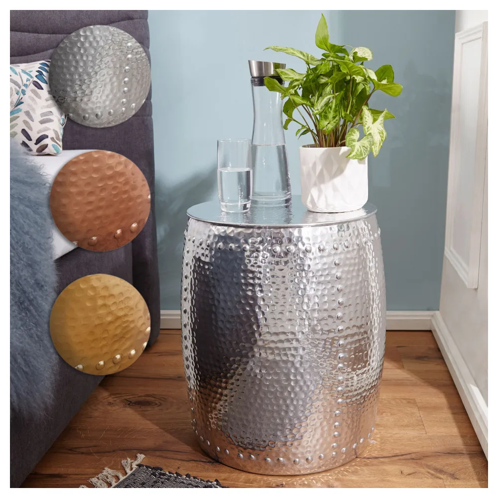 FineBuy Beistelltisch rund 42 cm Metall - Orientalischer Design Wohnzimmertisch Aluminium - Hammerschlag Alu kleiner Couchtisch - Dekotisch