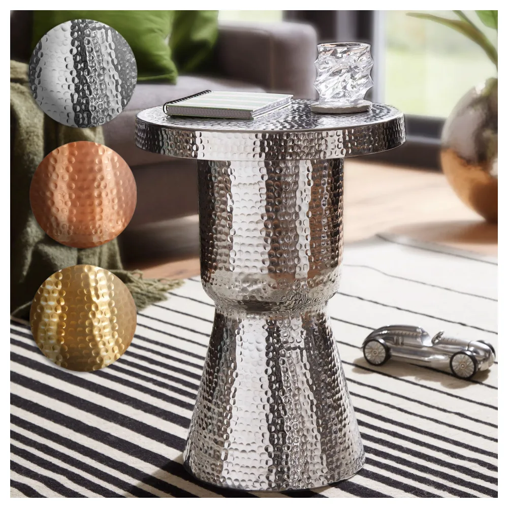 FineBuy Beistelltisch rund 43 cm Metall - Orientalischer Design Wohnzimmertisch Aluminium - Hammerschlag Alu kleiner Couchtisch - Dekotisch