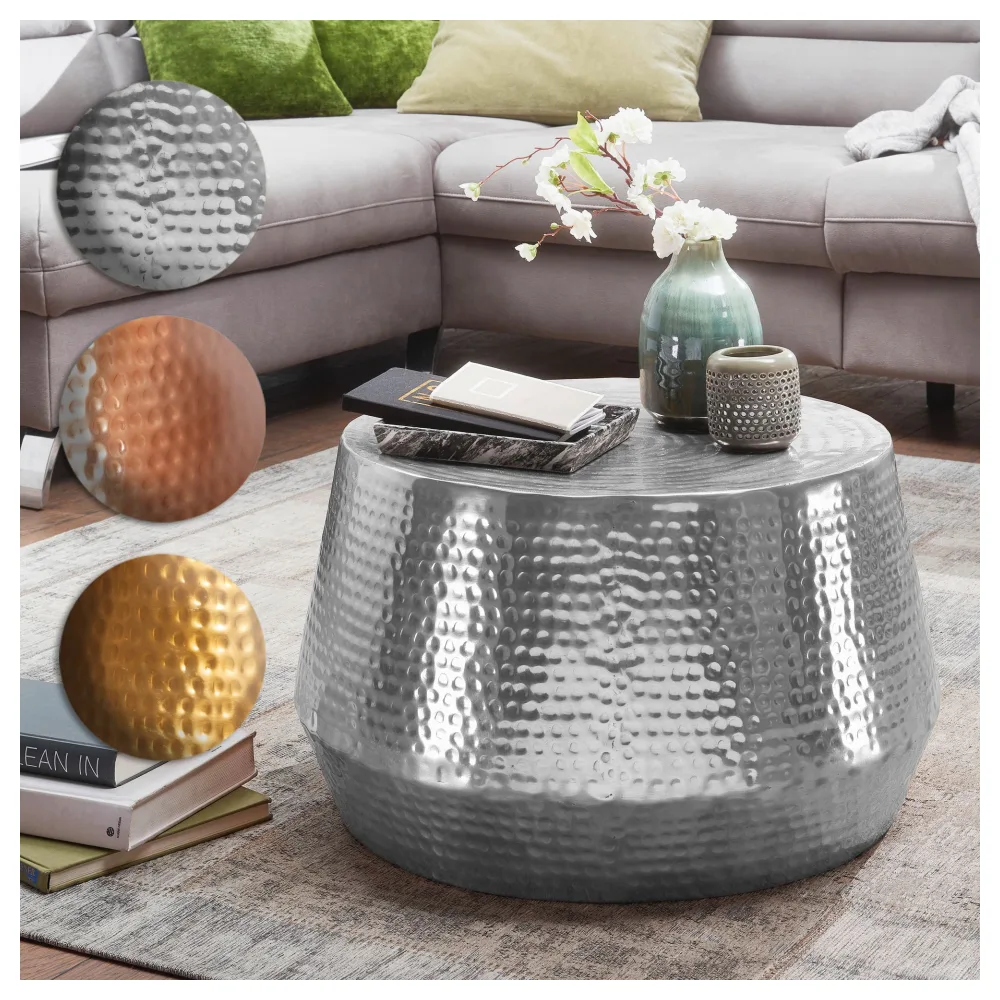 FineBuy Design Couchtisch rund 60 cm aus Metall - Handgefertigter Aluminium Wohnzimmertisch Hammerschlag - Orientalischer Alu Beistelltisch