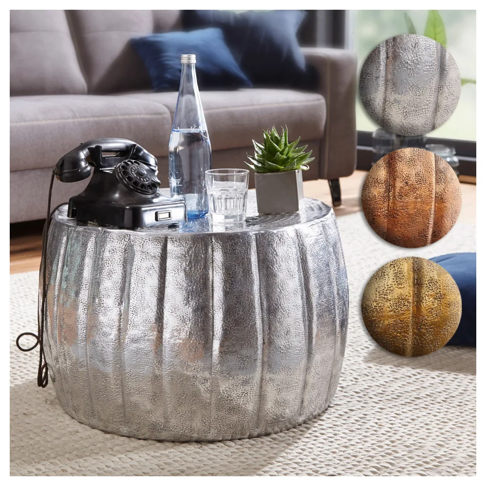 FineBuy Design Couchtisch rund 60 cm aus Metall - Handgefertigter Aluminium Wohnzimmertisch Hammerschlag - Orientalischer flacher Alu Sofatisch