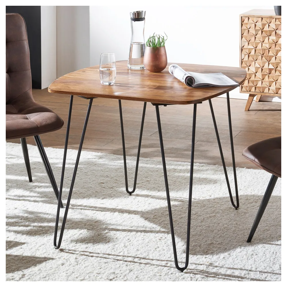 FineBuy Esstisch quadratisch 80cm Sheesham Massivholz – Moderner Küchentisch mit schwarzen Hairpin-Beinen, Design Esszimmertisch aus Echtholz, Holztisch massiv