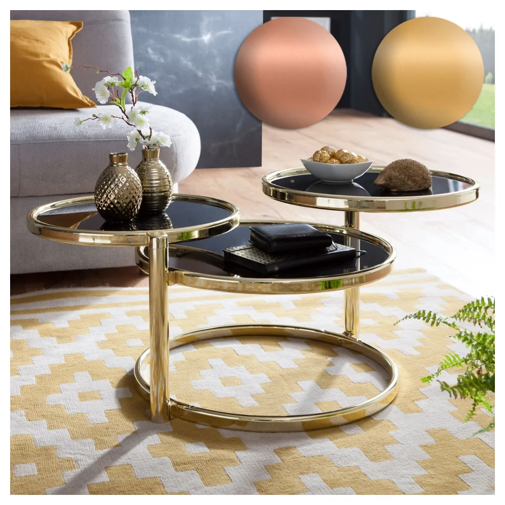FineBuy Couchtisch mit 3 Tischplatten 58 x 43 x 58 cm, Beistelltisch rund, Design Wohnzimmertisch Glas / Metall, Designer Glastisch Sofatisch modern, Kleiner Loungetisch