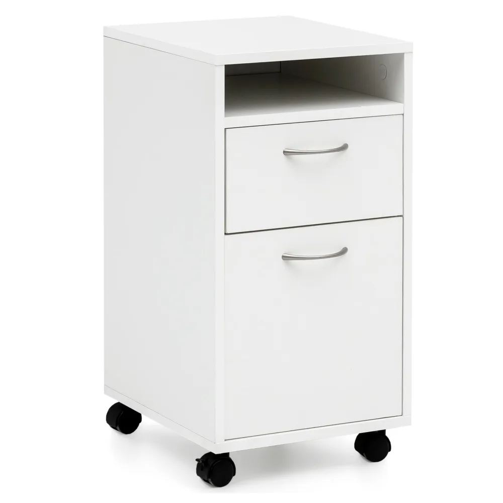 FineBuy Rollcontainer 33x63x38 cm Schreibtisch-Unterschrank Holz, Roll-Kommode Modern, Bürocontainer Schubladenschrank mit Tür, Kleiner Schreibtischschrank mit Rollen