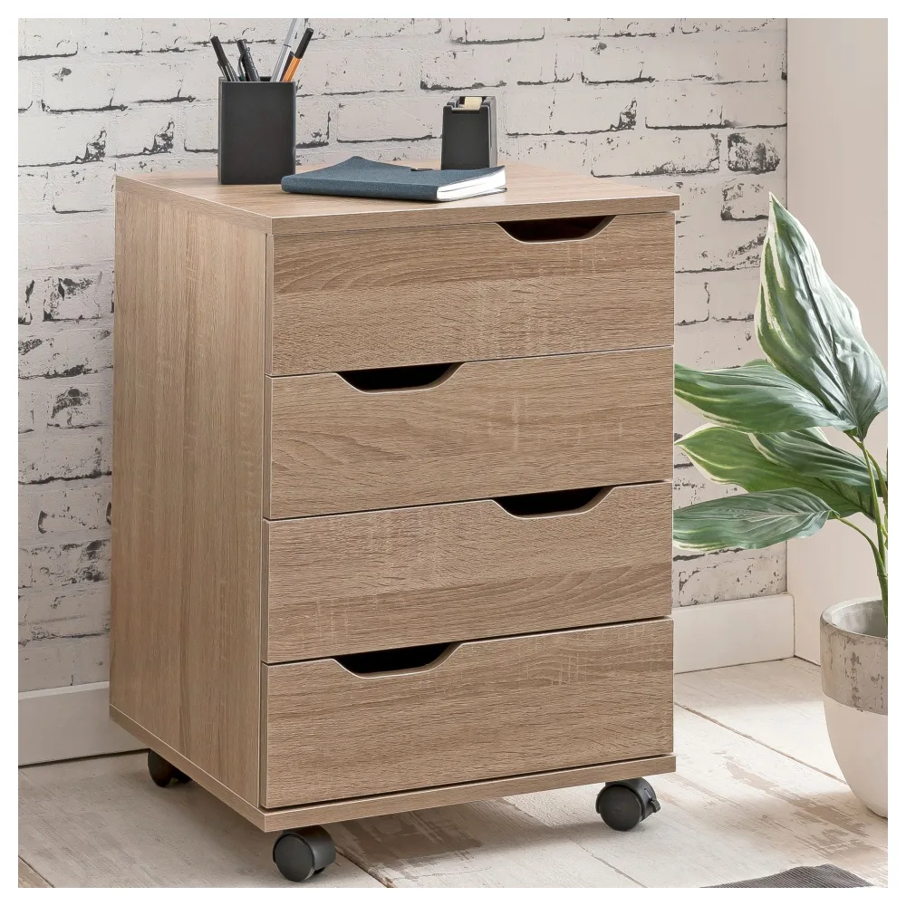 FineBuy Rollcontainer Holz 40x60x40cm Schubladenschrank Büro Container, Schreibtischcontainer mit vier Schubladen, Bürocontainer Beistellcontainer mit Rollen, Kleiner Schubladencontainer