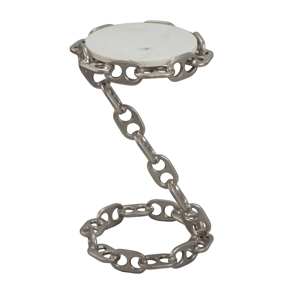FineBuy Beistelltisch Metall mit weißer Marmor Tischplatte 31cm rund - Moderner Anstelltisch mit Kettengestell - Design Sofatisch - Loungetisch Couchtisch - Edler Wohnzimmertisch Handmade