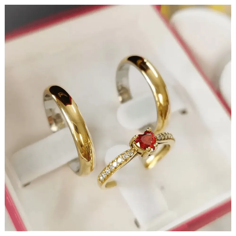 Alianças abauladas 4mm + Anel Cherry (Escolha a Cor da Pedra)