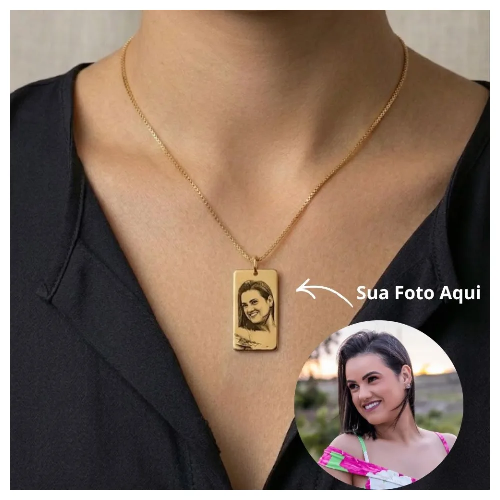 Colar Personalizado com Nome e Foto Banhado a Ouro 18k Mod. Retangular