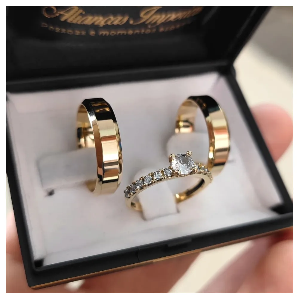 Conjunto Alianças Mod. Italiana 6mm + Anel Solitário Madrid