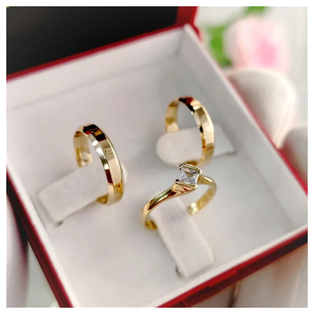Oferta Par de Alianças 4mm Mod. Italiana + Anel Solitário Plaza