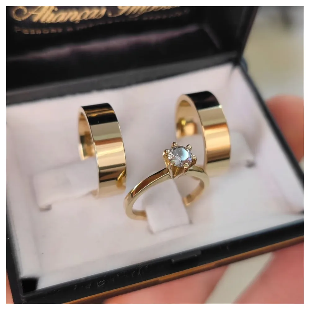 Par de Alianças Retas 6mm + Anel Solitário Princesa