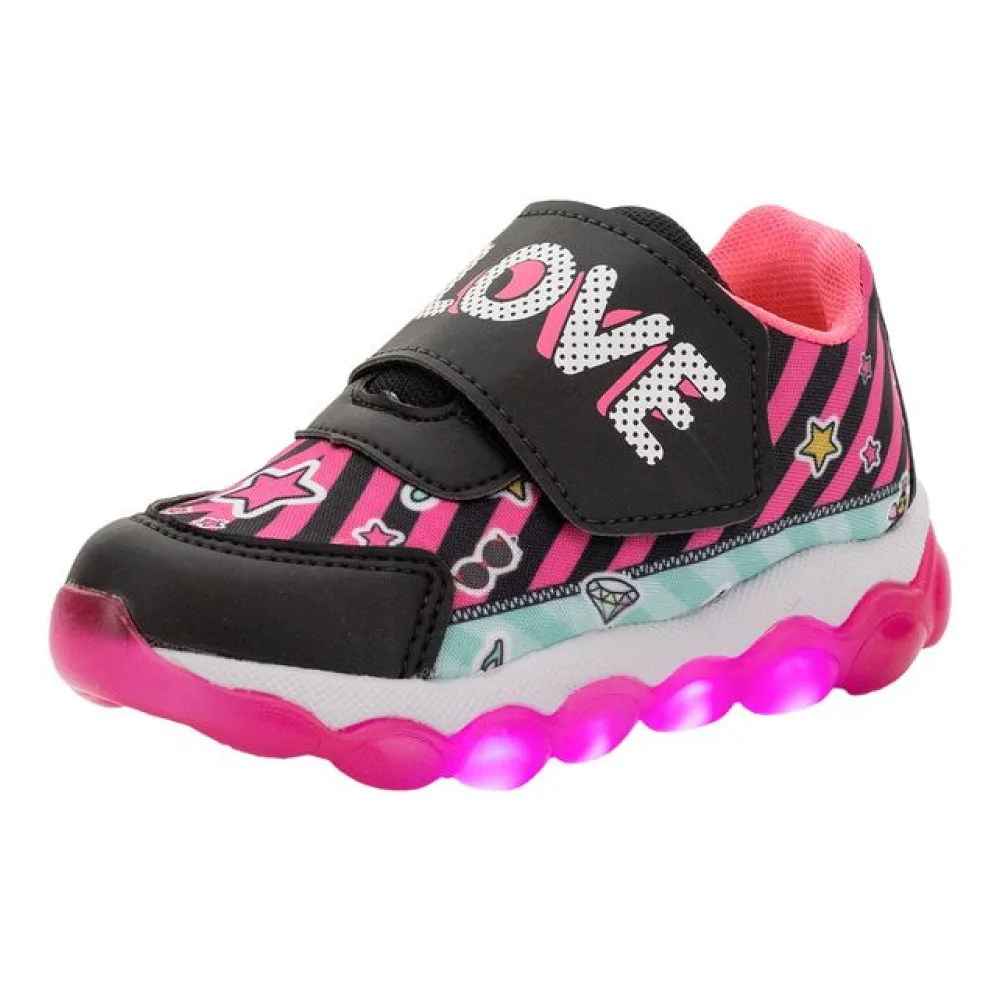Tênis Infantil Feminino Led Minipé - MP2205 PRETO/ROSA 22
