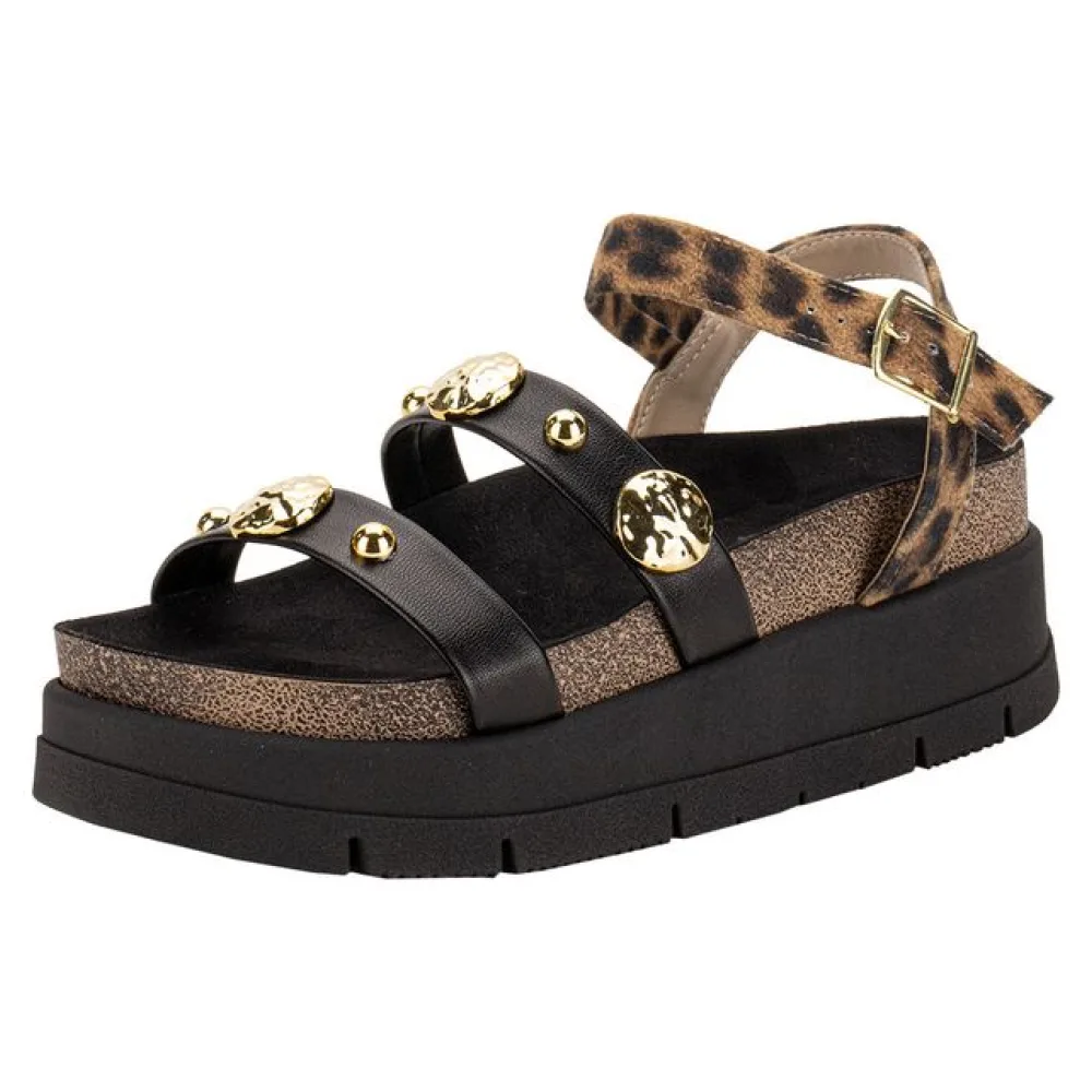Sandália Feminina Flat Moleca 5513104 PRETO/ONÇA 34