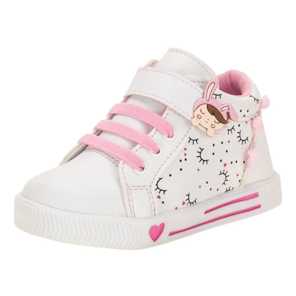 Tênis Infantil Feminino Cano Alto Linda Jú 60221 BRANCO/ROSA 21