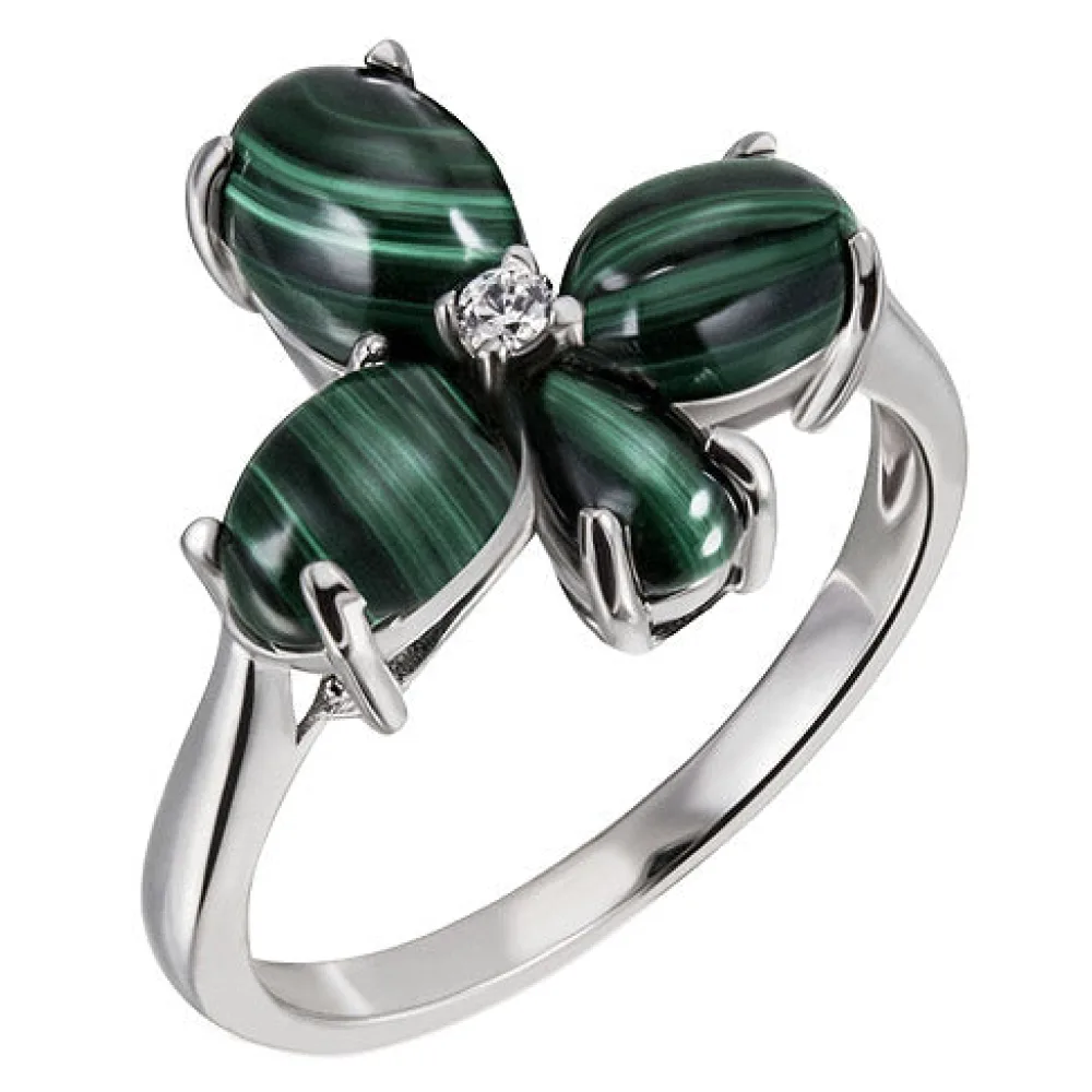 Damen Ring Blume 925 Sterling Silber 4 Malachit-Cabochons grün 1 Zirkonia-56