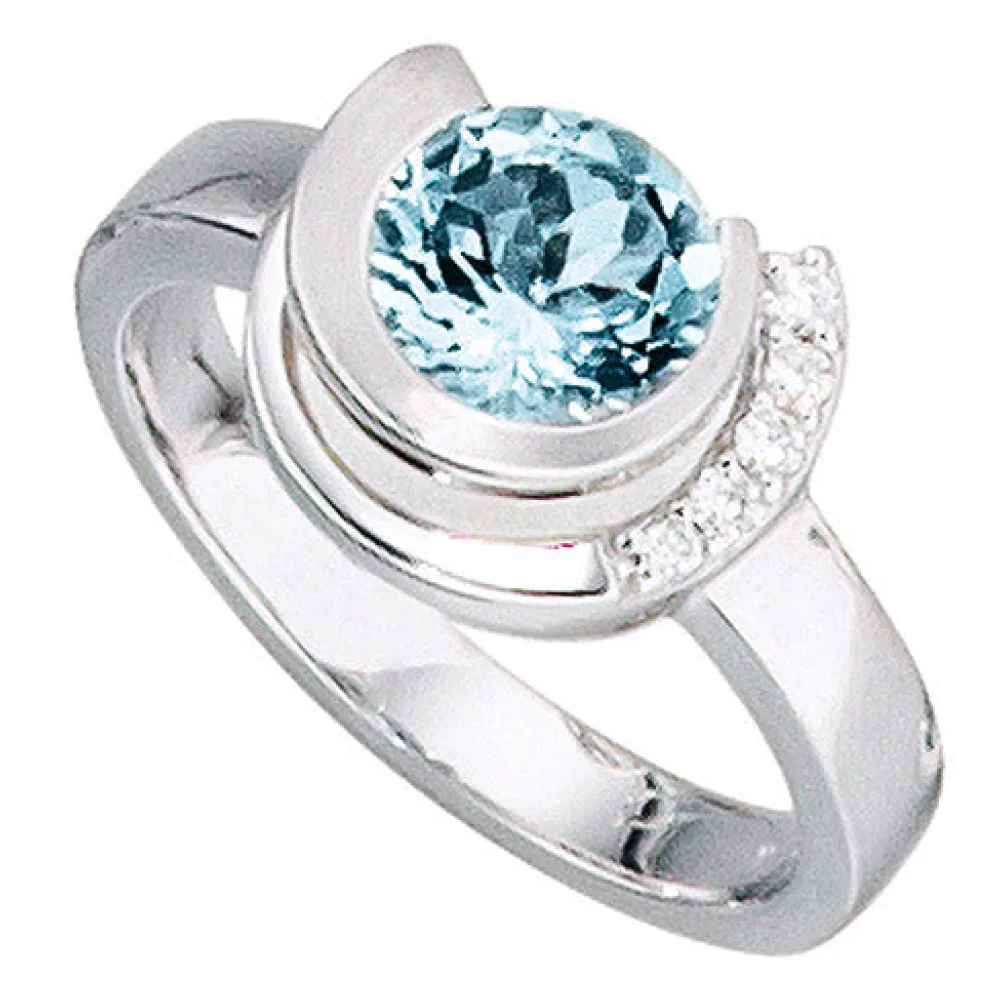 Damen Ring 585 Gold Weißgold 1 Aquamarin hellblau blau 5 Diamanten Brillanten-52