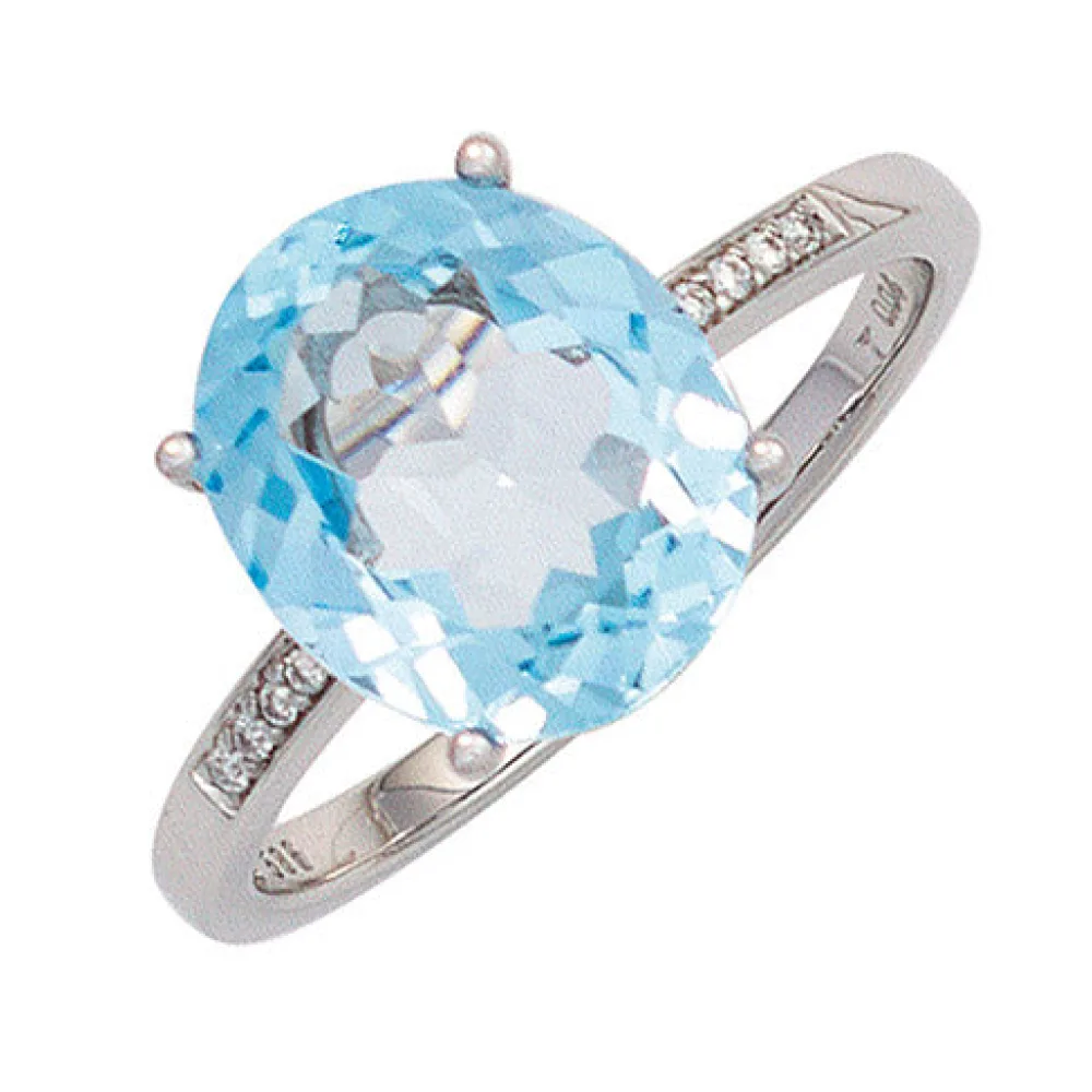Damen Ring 585 Gold Weißgold 1 Blautopas hellblau blau 8 Diamanten Brillanten-52