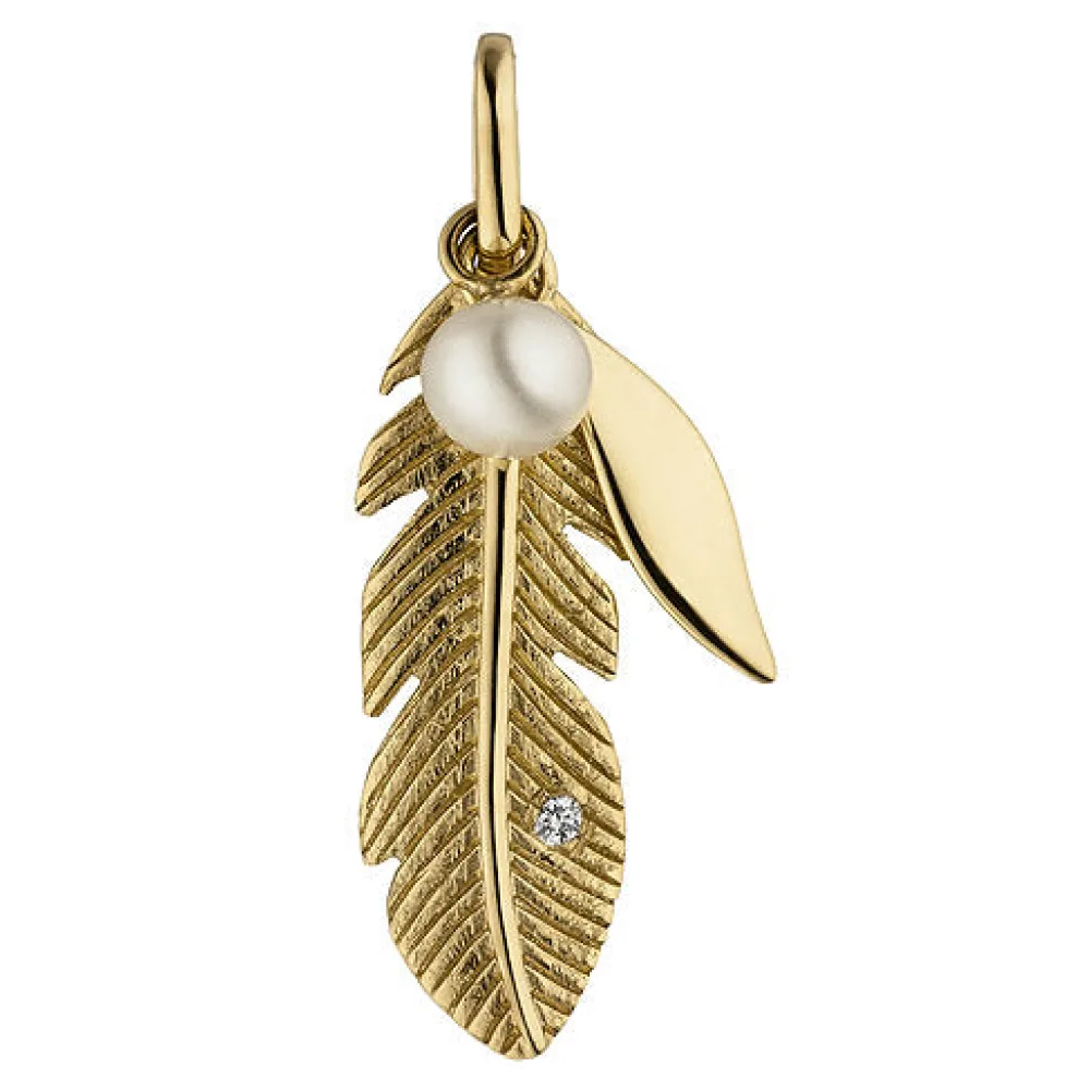 Anhänger Feder 585 Gelbgold 1 Süßwasser Perle 1 Diamant Brillant