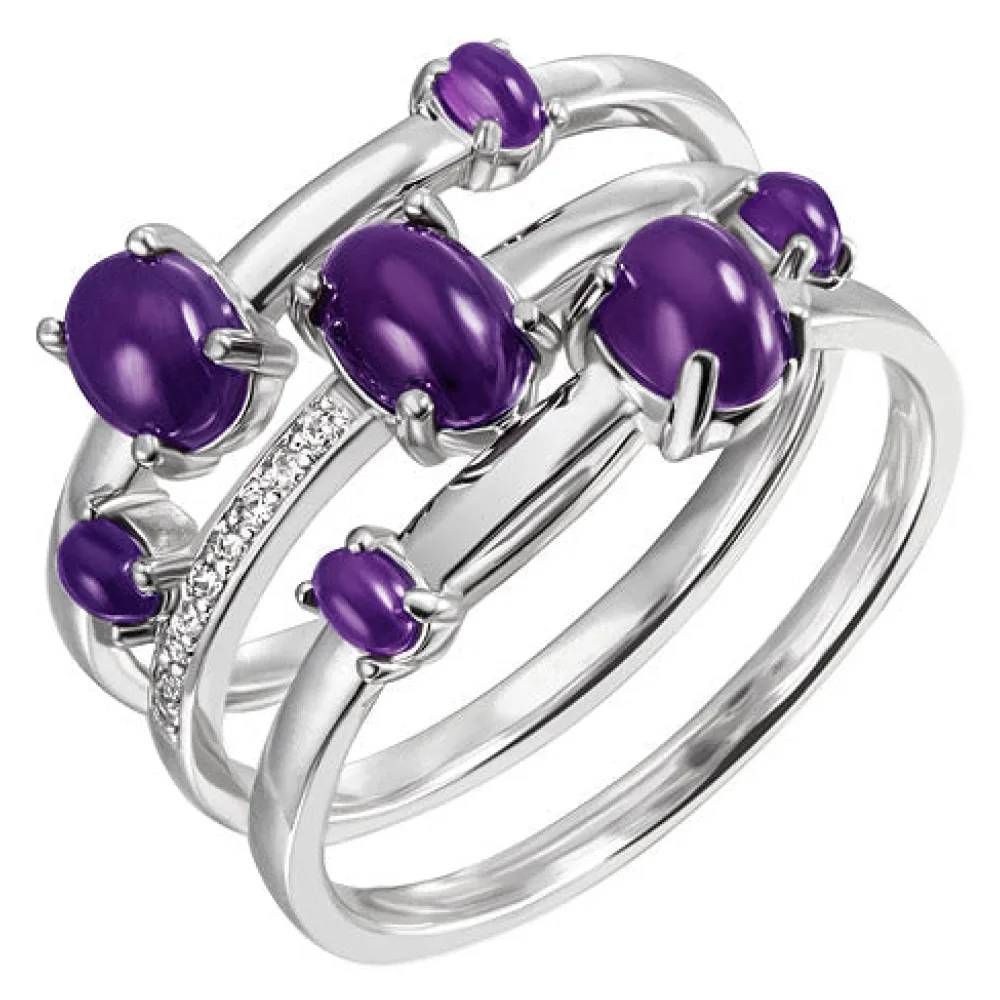 Damen Ring breit 925 Sterling Silber 7 Amethyst-Cabochons lila 9 Zirkonia-52