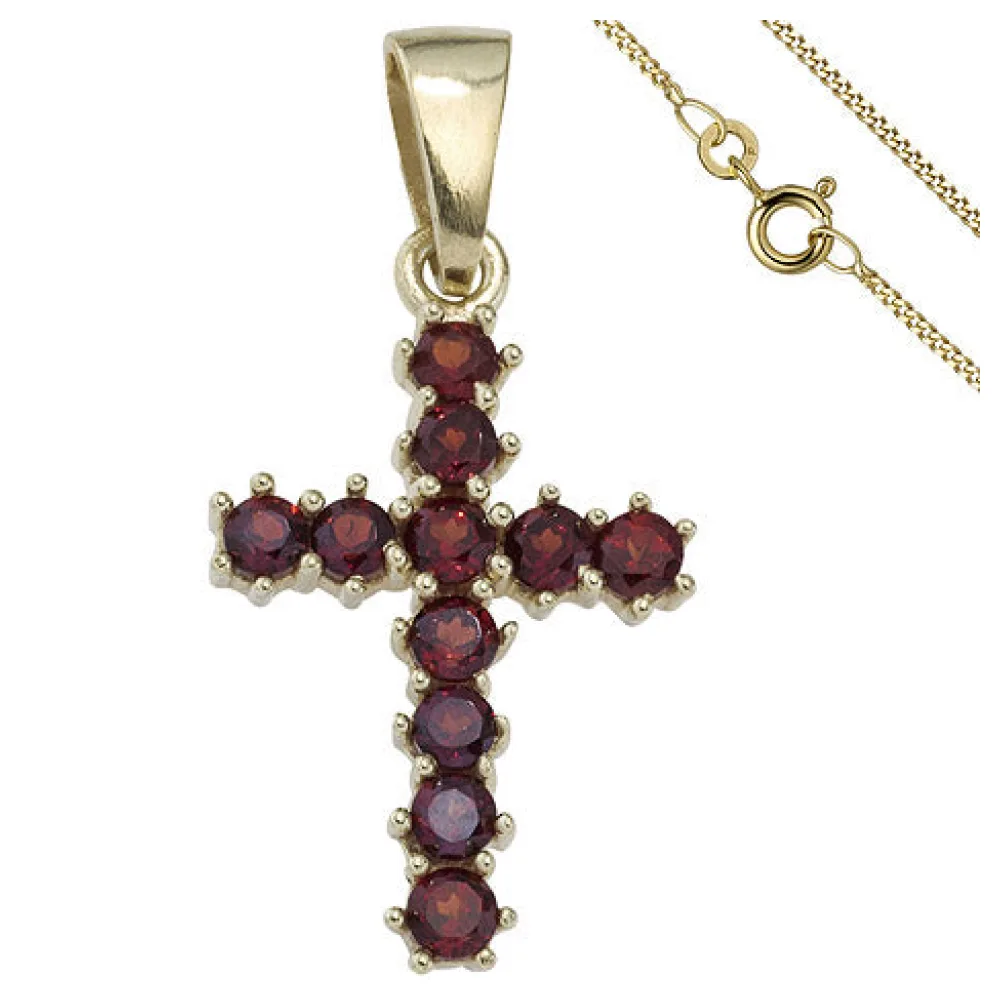 Anhänger Kreuz 333 Gold Gelbgold 11 Granate rot mit Kette 50 cm