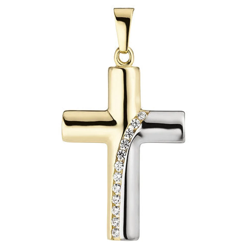 Anhänger Kreuz 333 Gold Gelbgold bicolor 12 Zirkonia Kreuzanhänger