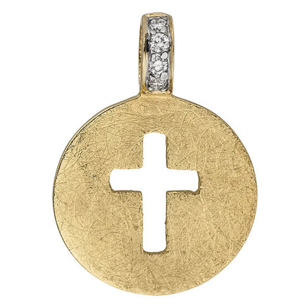 Anhänger Kreuz 585 Gold Gelbgold eismatt 4 Diamanten Brillanten Kreuzanhänger