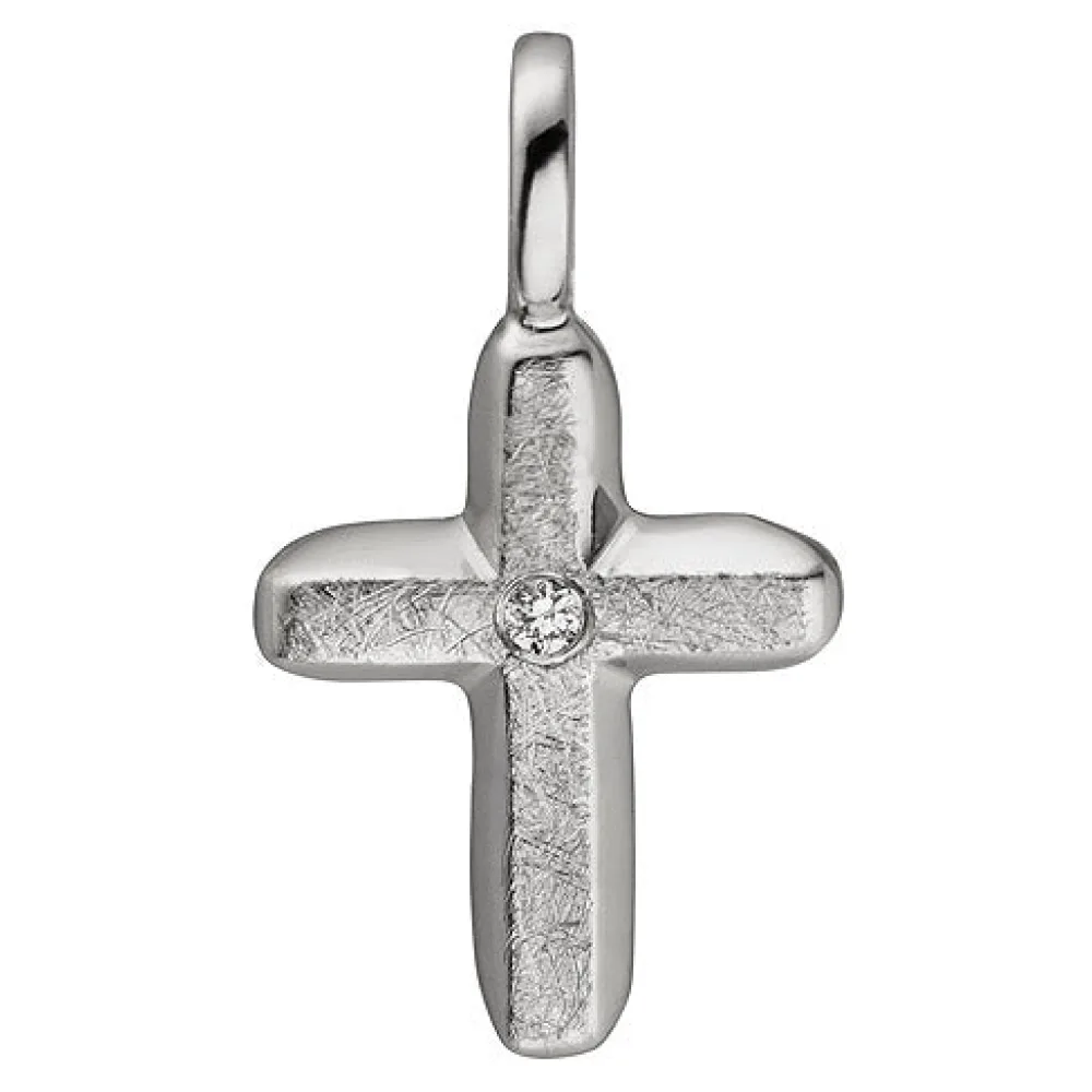 Anhänger Kreuz 585 Gold Weißgold eismatt 1 Diamant Brillant Kreuzanhänger