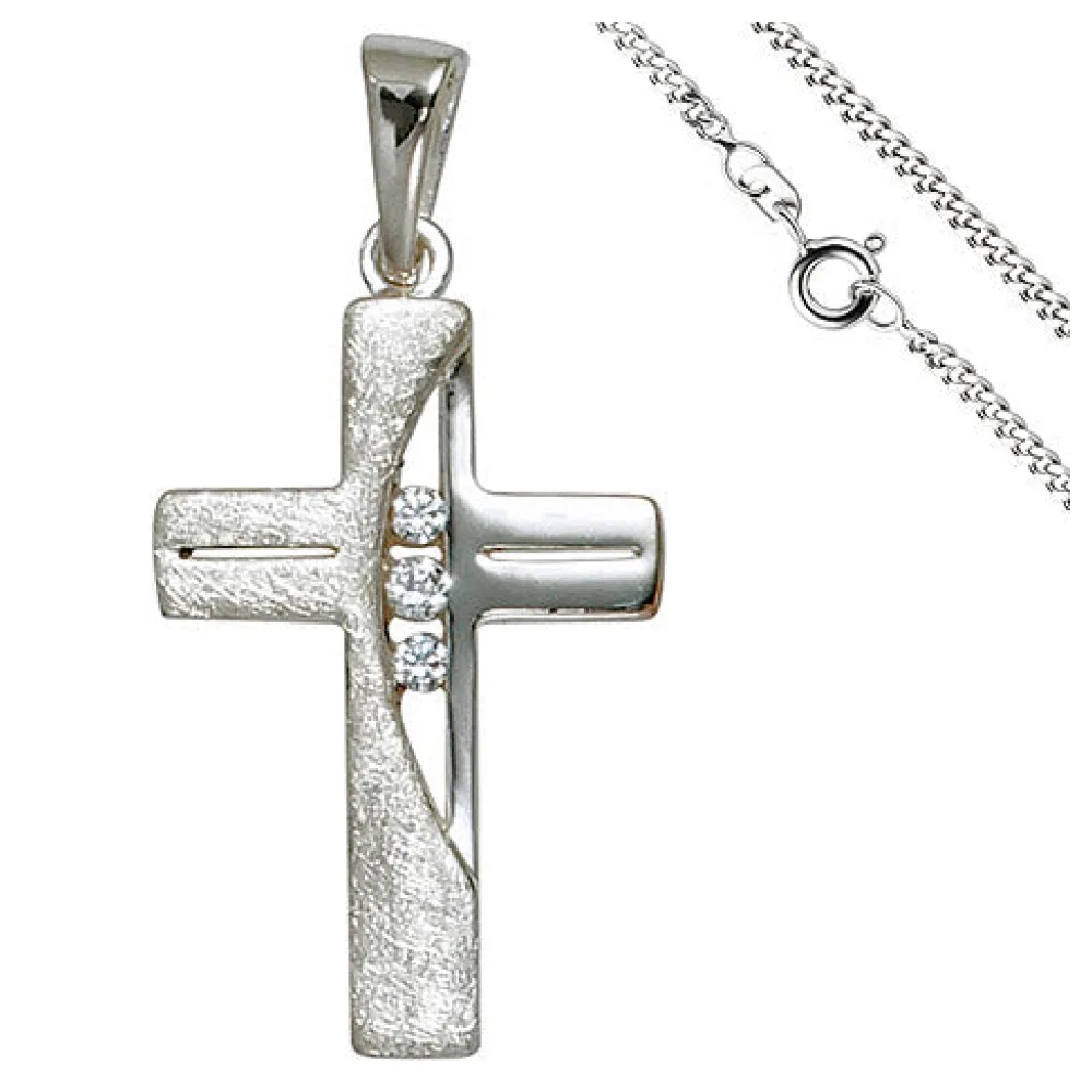 Anhänger Kreuz 925 Silber 3 Zirkonia Kreuzanhänger Silberkreuz mit Kette 60 cm