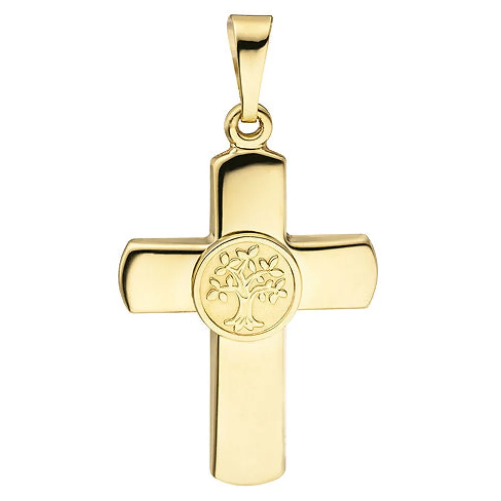 Anhänger Kreuz Lebensbaum 333 Gold Gelbgold teil matt Kreuzanhänger Goldkreuz