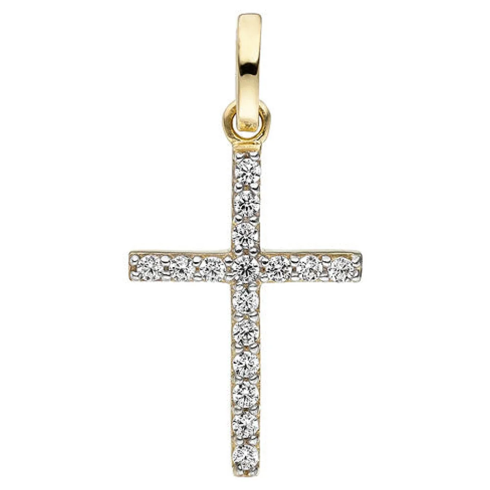 Anhänger Kreuz schmal 375 Gold Gelbgold 16 Zirkonia Kreuzanhänger Goldkreuz