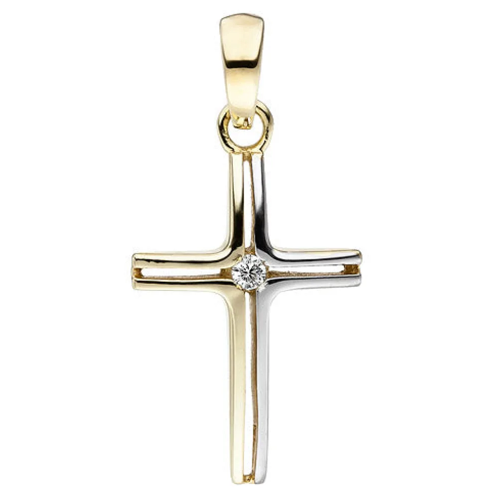 Anhänger Kreuz schmal 375 Gold Gelbgold bicolor 1 Zirkonia Kreuzanhänger