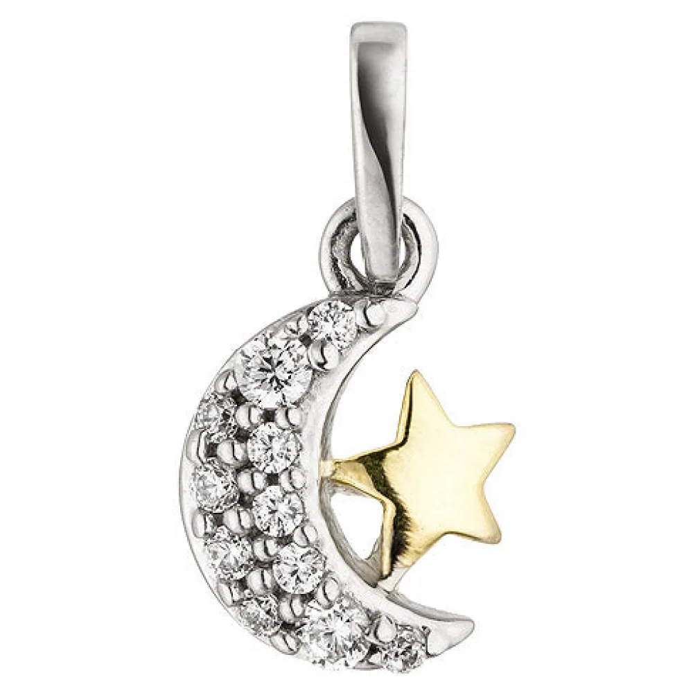 Anhänger Mond Stern 925 Silber bicolor vergoldet 11 Zirkonia