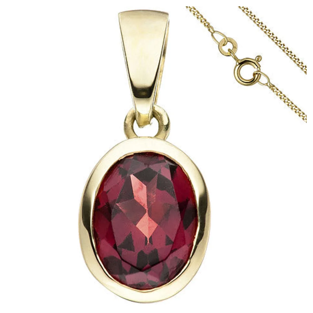 Anhänger oval 333 Gold Gelbgold 1 Granat mit Kette 45 cm Granatanhänger