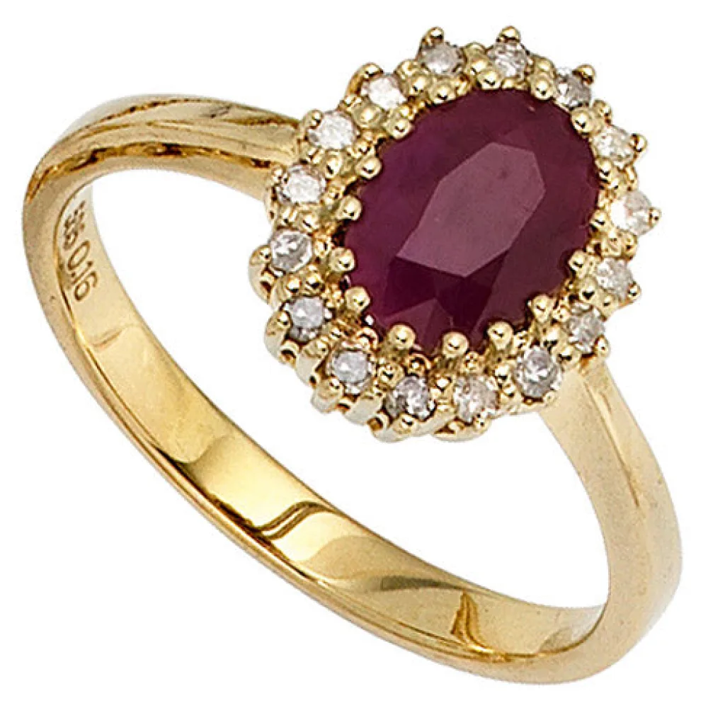 Damen Ring 585 Gold Gelbgold 1 Rubin rot 16 Diamanten 0 16ct. Goldring-52