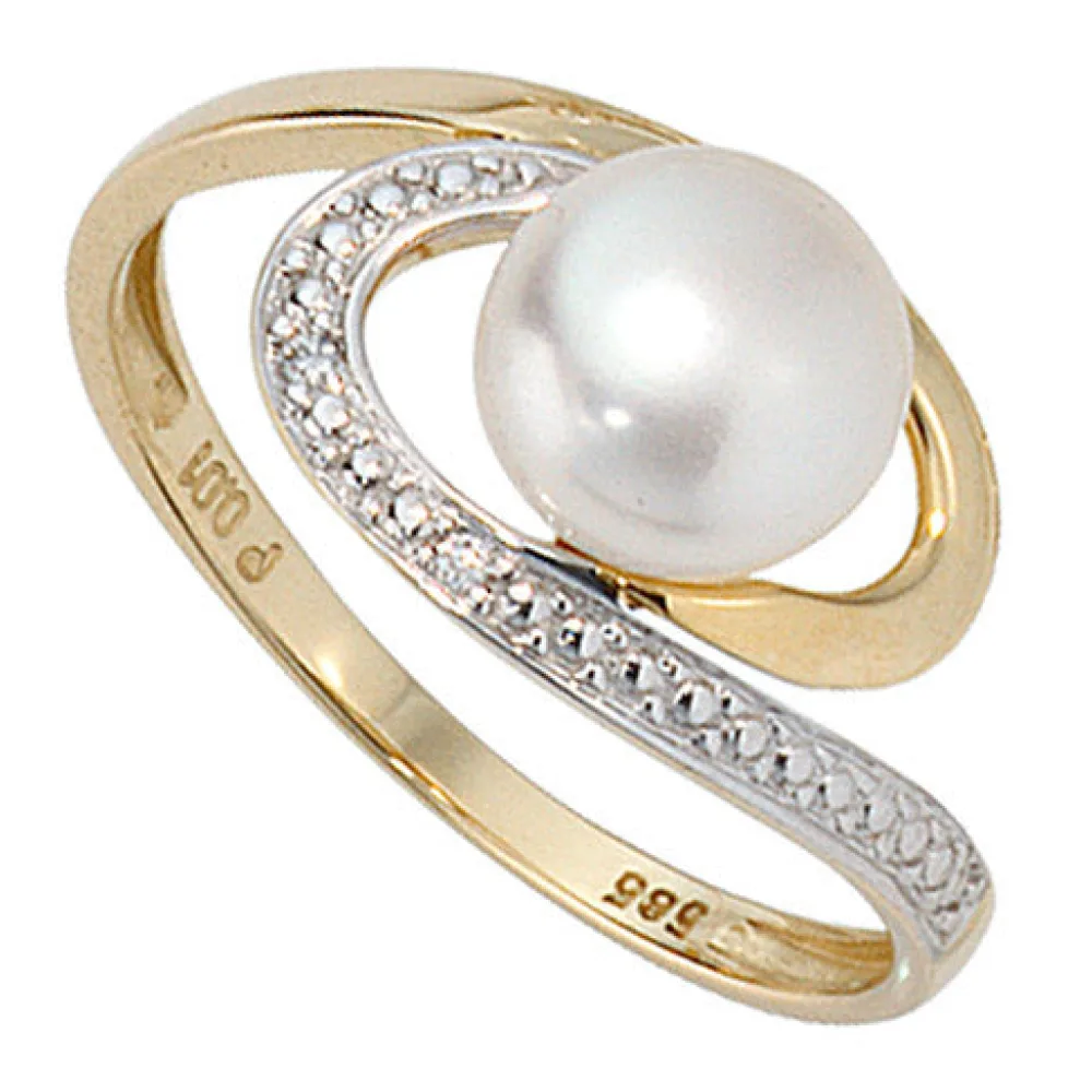 Damen Ring 585 Gold Gelbgold 1 Süßwasser Perle 2 Diamanten Brillanten Perlenring-52