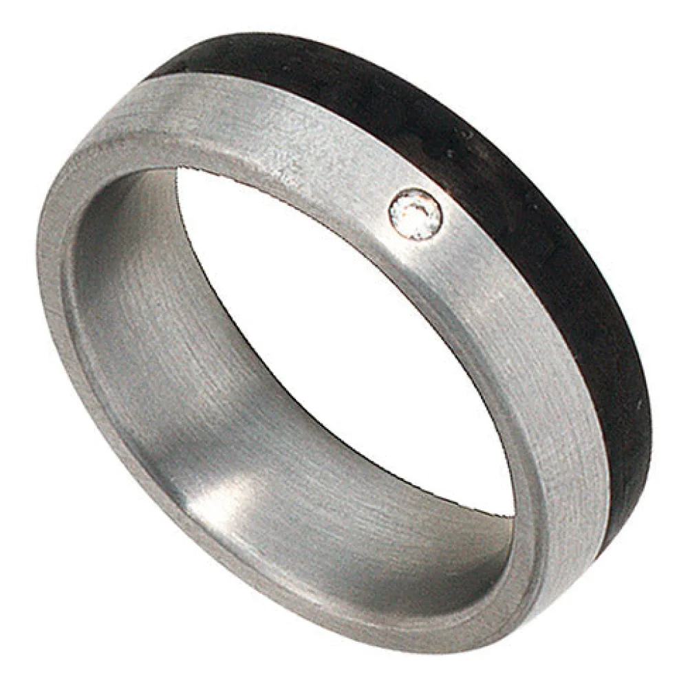 Partner Ring Edelstahl mattiert mit Carbon 1 Diamant Brillant-52