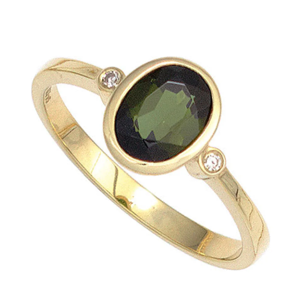 Damen Ring 585 Gold Gelbgold 1 Turmalin grün 2 Diamanten 0 02ct. Goldring-60