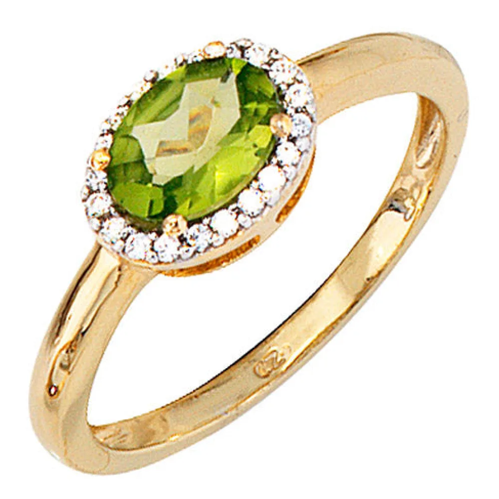 Damen Ring 585 Gold Gelbgold bicolor 1 Peridot grün 20 Diamanten Goldring-50