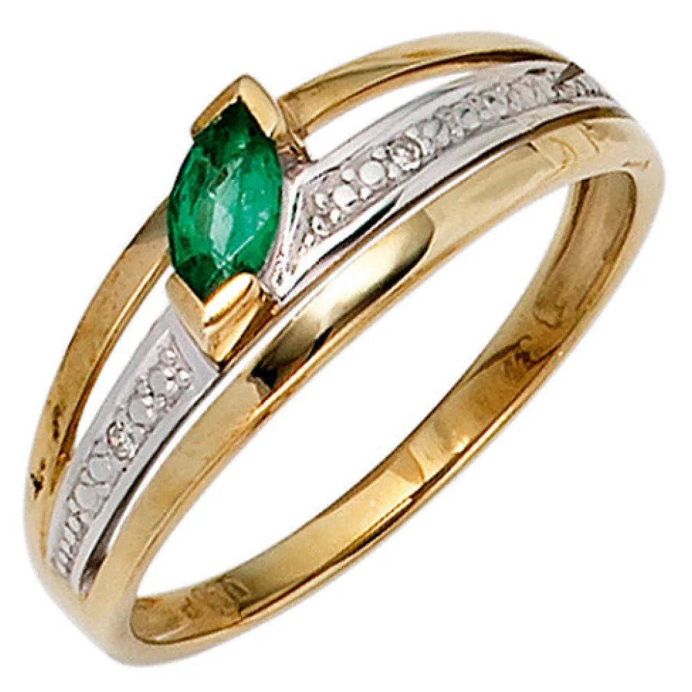 Damen Ring 585 Gold Gelbgold bicolor 1 Smaragd grün2 Diamanten 0 01ct. Goldring-54