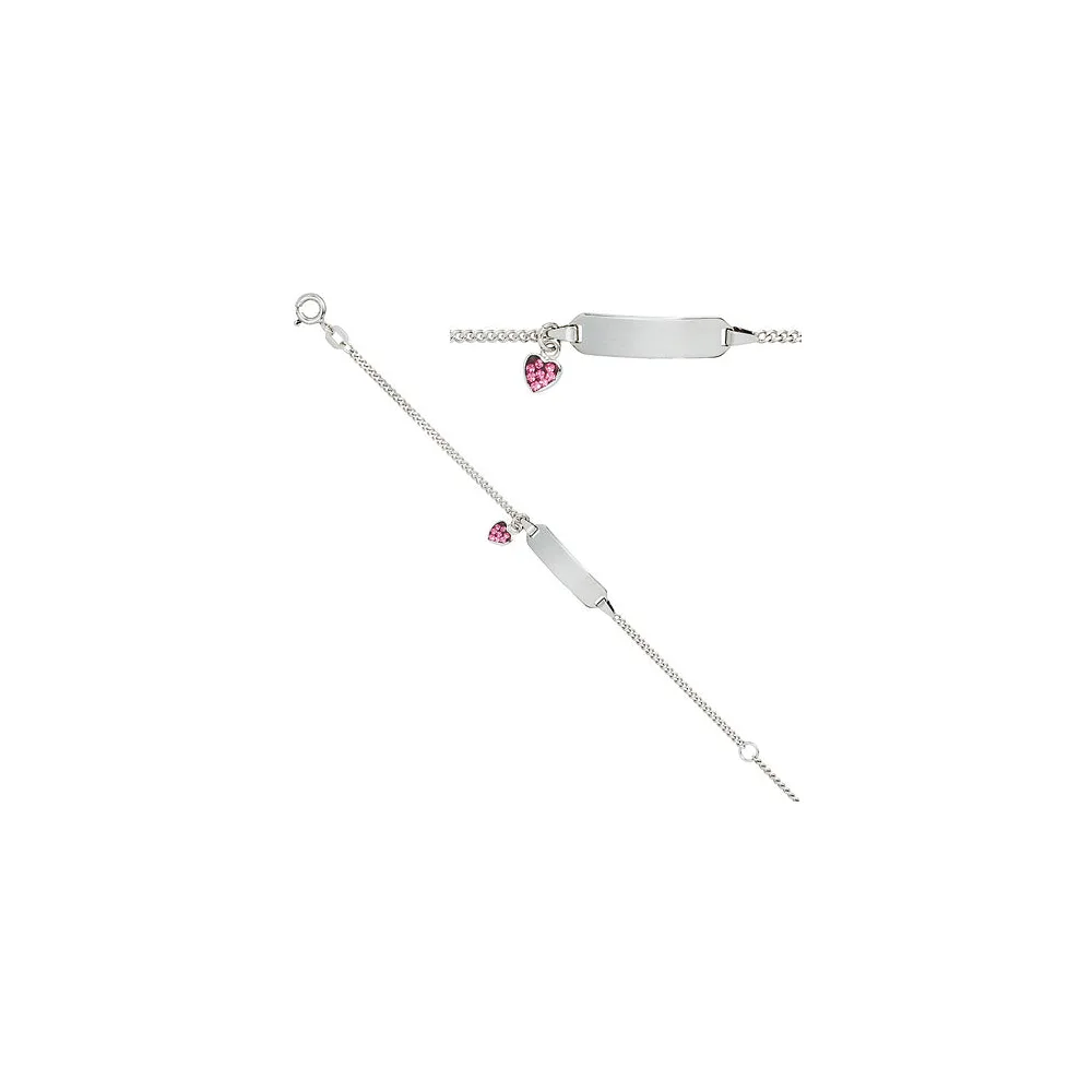 Schildband Herz 925 Sterling Silber mit rosa Glasstein 14 cm Gravur ID Armband