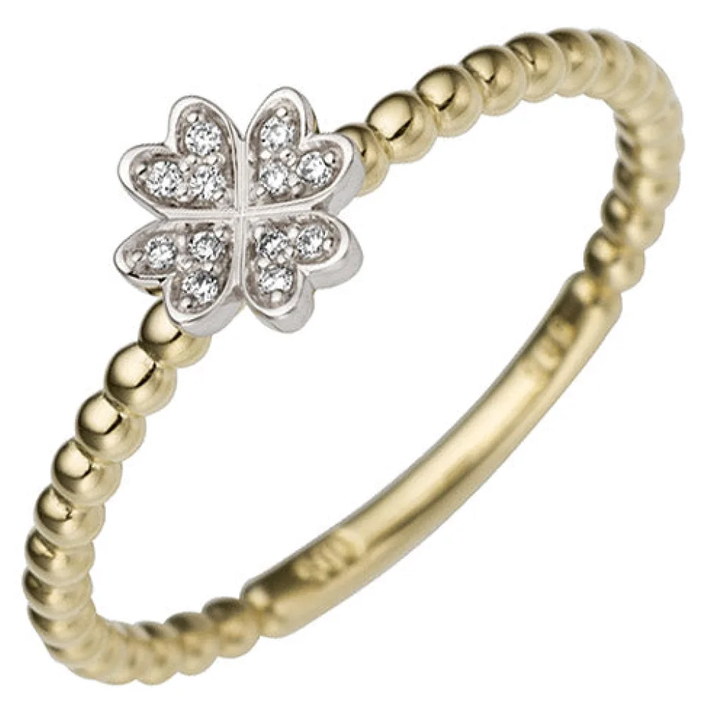 Damen Ring Kleeblatt 585 Gold Gelbgold Weißgold bicolor 12 Diamanten Brillanten-50