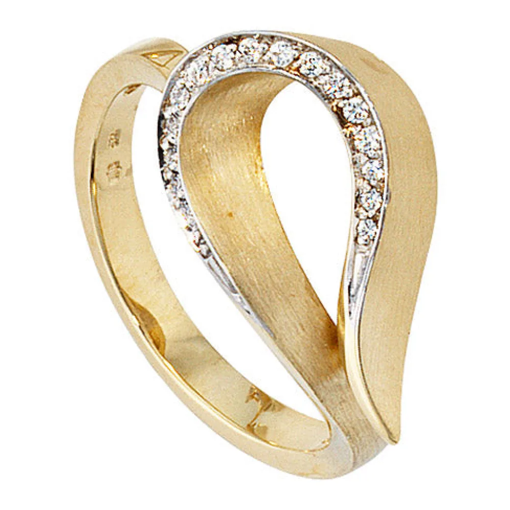 Damen Ring 585 Gold Gelbgold bicolor teilmatt 16 Diamanten Brillanten Goldring-60